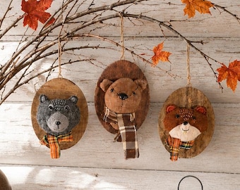 Woodland Animal Ornaments Set of 3 | Bear Fox Wood Fall Decor | Rustic Autumn Hanging Decorations | Cabin Lodge Woodland Decor