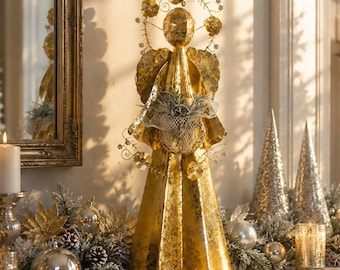 Large Gold Metal Christmas Angel | 24" Tall Holiday Angel | Floral Halo Angel | Gold & Silver Christmas Decor | Statement Holiday Decor