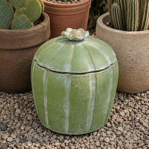 May include: A green ceramic jar shaped like a round cactus with a small flower lid, positioned in front of three potted cacti. The jar features vertical ridges and a weathered finish, sitting on a bed of small light-colored gravel stones.