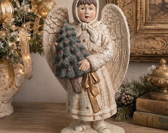 Christmas Angel Girl with Tree | Crackle Finish Resin Angel | Vintage Style Winter Christmas Decor | 13 Inch Holiday Figurine