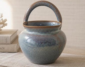 Signed Lathem Studio Pottery Basket Vase | Handmade Blue Gray Art Pottery | Dated 2004 | Ceramic Vessel