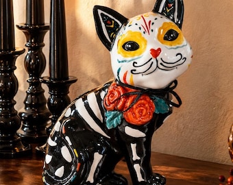 Blue Sky Clayworks Sugar Skull Cat Figurine | Day of the Dead Ceramic Cat | Halloween Decor | Dia de los Muertos Black Cat | Fall Decor