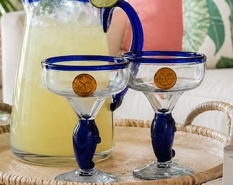 Cobalt Blue Jalapeño Margarita Glasses | Hand Blown Art Glass Cocktail Goblets | Applied Pepper Stems | DP Medallion | Set of 2