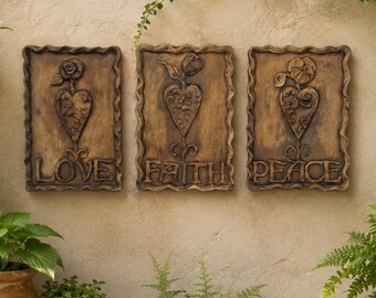 Artstones Love Faith Peace Wall Plaques | Queen Elizabeth Inspired Ceramic Wall Art | English Tudor Decor | Set of 3 | Made in USA