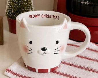 Meowy Christmas Cat Mug | Wondershop Target Holiday Mug | White Pink Kitty Coffee Cup | Cute Cat Lover Gift | Christmas Kitchen Decor
