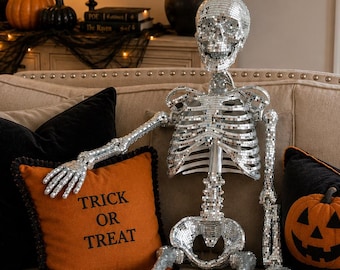 3 Ft Mirrored Disco Skeleton | Articulated Halloween Skeleton Decor | Silver Mirror Mosaic Poseable Skeleton | Glam Halloween Decoration