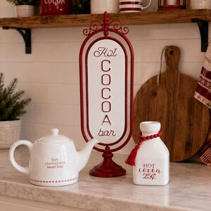 Hot Cocoa Bar Set | Red White Christmas Kitchen Decor | Spinning Cocoa Sign | Joseph A. Serving Pot & Creamer | Holiday Coffee Bar