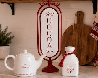 Hot Cocoa Bar Set | Red White Christmas Kitchen Decor | Spinning Cocoa Sign | Joseph A. Serving Pot & Creamer | Holiday Coffee Bar