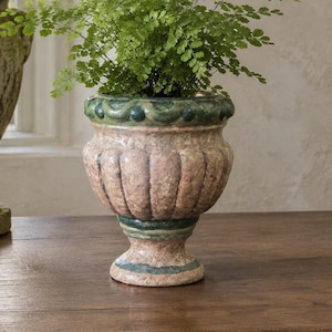May include: A ceramic urn-shaped planter featuring a textured, mottled pink finish with dark green accents along the rim and base. The planter has a fluted body and a pedestal foot, containing a vibrant green fern plant with delicate, small leaves.