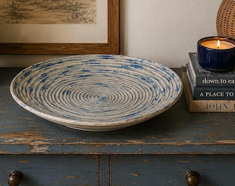 Blue Enamel Spiral Metal Bowl | Coastal Decorative Platter, Nautical Decor