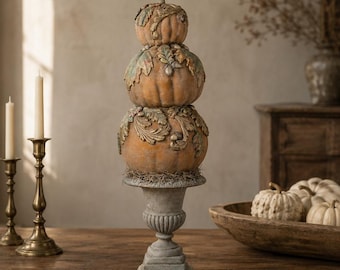 Pumpkin Topiary on Urn Pedestal | Handmade Fall Centerpiece | Harvest Decor | Rustic Thanksgiving Table Accent | 28 Inch