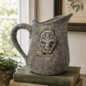 May include: A gray and weathered ceramic pitcher with a textured, crackled finish and a raised fleur-de-lis emblem on the front. The pitcher features a curved handle and a wide pouring spout, showcasing a distressed, aged appearance throughout.