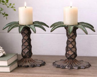 Set of 2 Metal Palm Tree Candle Holders | Tropical Coastal Beach House Decor