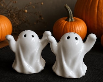Ceramic Ghost Salt and Pepper Shakers | Halloween Table Decor | Cute White Ghost Shaker Set | Spooky Season Kitchen