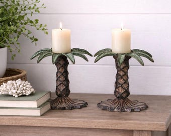 Set of 2 Metal Palm Tree Candle Holders | Tropical Coastal Beach House Decor