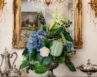 Blue Fall Floral Arrangement | Handmade Hydrangea Pumpkin Centerpiece | Silver Urn Autumn Decor | Elegant Thanksgiving Arrangement
