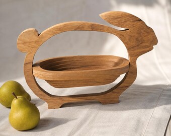 Handmade Wooden Bunny Folding Fruit Bowl | Collapsible Basket | Rabbit Farmhouse Decor | Artisan Panama City FL