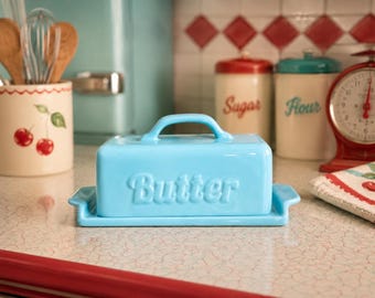 Aqua Ceramic Butter Dish with Attached Wooden Spreader | Retro 1950s Farmhouse Kitchen | Embossed Butter Keeper