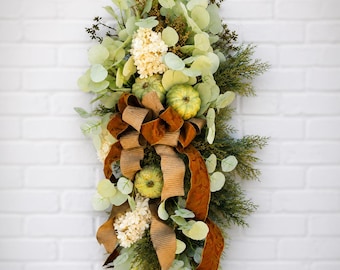Handmade Fall Sage Door Swag | Sage Pumpkin Eucalyptus Swag | White Hydrangea Front Door Decor | Neutral Autumn Porch Decoration
