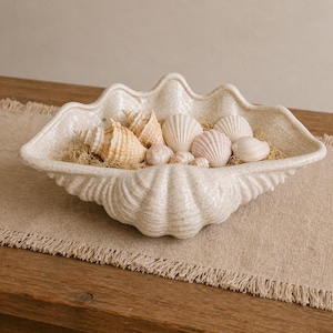 Large Clam Shell Bowl | Crackle Glaze Coastal Decor, Beach House Centerpiece Catchall