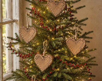 Set of 5 Hand Carved Wooden Heart Ornaments Rustic Primitive Farmhouse Hanging Hearts Valentine's Decor Natural Wood