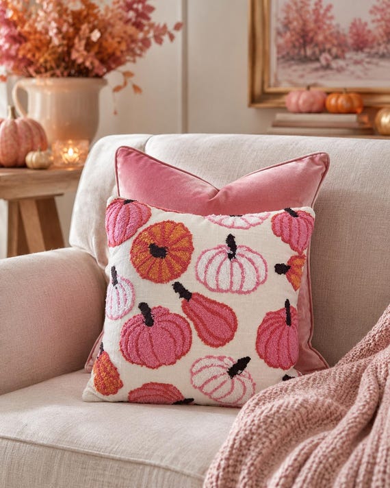 Pink Pumpkin Accent Pillow | Tufted Fall Throw Pillow | Pink & Orange Pumpkin Cushion | Autumn Farmhouse Decor | 10x10 Decorative Pillow