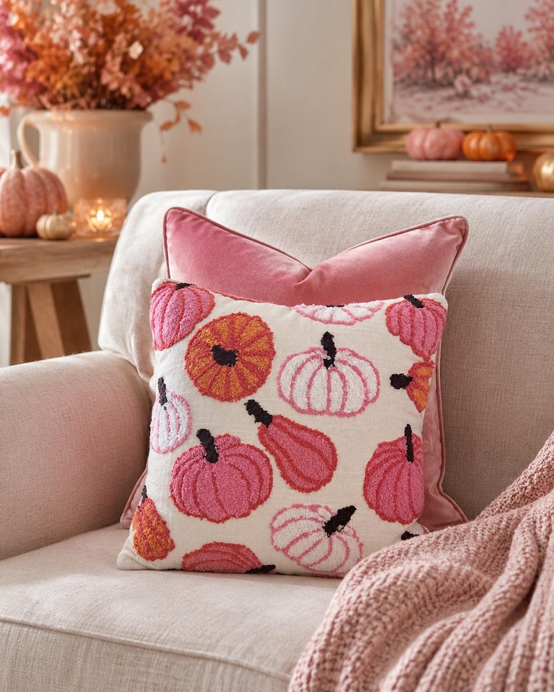 May include: A square throw pillow featuring a cream-colored fabric base with a repeating pattern of embroidered pumpkins in shades of pink, orange, and red. The pillow has a textured, tufted surface and is layered in front of a solid pink velvet pillow.