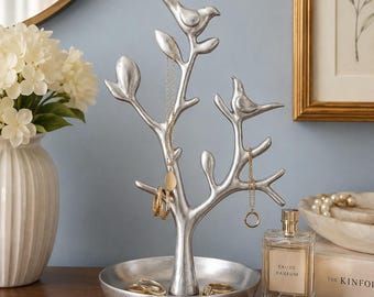 Silver Bird Jewelry Tree | Branch Jewelry Holder | Ring Dish | Trinket Tray | Nature Inspired Vanity Decor | Gift for Her