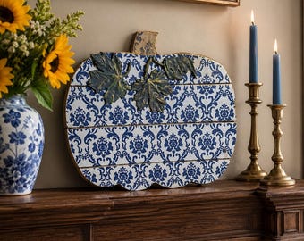 Handmade Chinoiserie Pumpkin Wall Plaque | Blue & White Fall Decor | Harvest Estate Autumn Wall Art | Luxury Thanksgiving Decor