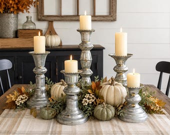 Set of 5 Rustic Silver Candle Holders | Distressed Farmhouse Decor, Brass Accents