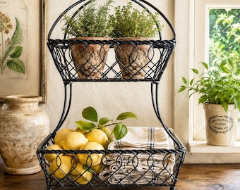 Black Metal Two Tier Basket Organizer | Decorative Wire Countertop Storage | Farmhouse Kitchen Fruit Bread Basket | Vintage Style Decor