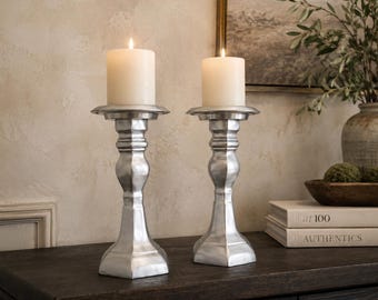 Brushed Nickel Candle Holders Set of 2 | Silver Pillar Candle Stands | Traditional Modern Candlesticks | Mantel Table Decor