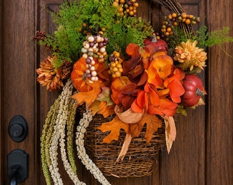 Fall Door Hanger | Pumpkin Wreath Basket | Autumn Front Door Decor | Rustic Harvest Floral Arrangement | Thanksgiving Porch Decoration