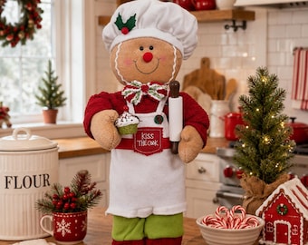 Christmas Gingerbread Chef | Standing Plush Gingerbread Man | Kitchen Christmas Decor | Cupcake Baker | Kiss the Cook Holiday Decor