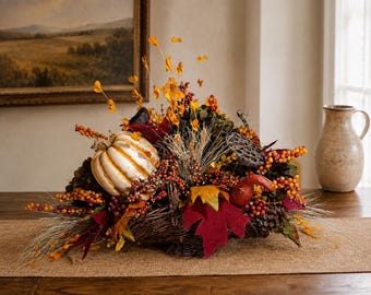 Handmade Fall Flower Basket Arrangement | Large Pumpkin Harvest Centerpiece | Thanksgiving Floral Decor | Grapevine Basket 34"