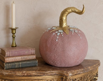 Handmade Pink Jeweled Pumpkin | Gold Stem Rhinestone Fall Decor | Glam Autumn Accent