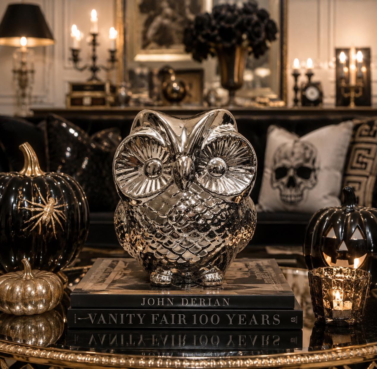 Silver Owl Figurine | Chrome Ceramic Owl Statue | Mid Century Modern Decor | Glam Shelf Accent | Con