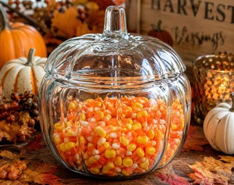 Clear Glass Pumpkin Cookie Jar with Lid | Large Pumpkin Canister | Fall Kitchen Storage | Halloween Candy Jar | Thanksgiving Harvest Decor