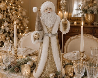 Gold White Santa Figurine 21" | Glitter Christmas Santa with Tree | Elegant Neutral Christmas Decor | Glam Holiday Decor