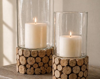 Set of 2 Glass Hurricane Candle Holders with Wood Base | Rustic Wood Slice Lanterns | Modern Farmhouse Decor