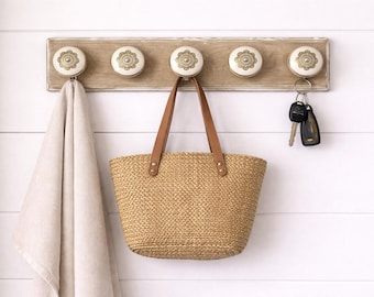 Wood Wall Hook Rack with Ceramic Knobs | Entryway Coat Rack | Decorative Wall Hooks | Bathroom or Kitchen Storage