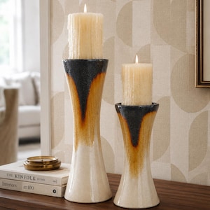 Large Ceramic Pillar Candle Holders Set of 2 | Mid Century Modern Style | Drip Glaze Candlesticks | Studio Pottery Decor | 17" & 12" Tall