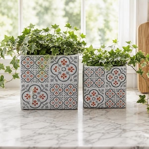 May include: Two square planters featuring a repeating tile pattern in shades of gray, white, and muted red. Each planter holds a lush green ivy plant with trailing vines that spill over the sides, creating a vibrant contrast against the patterned surfaces.