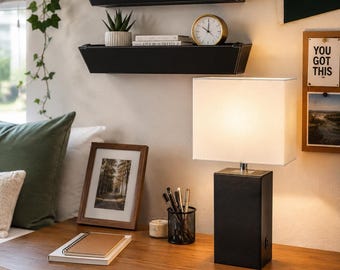 3 Piece Desk Set Lamp & Shelves | Black Faux Leather Office Decor | USB Table Lamp | Dorm Room Desk Organization | White Stitching