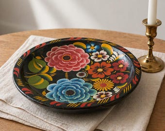 Hand Painted Wooden Bowl | Floral Folk Art Tray, Boho Cottage Decor