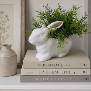 White Bunny Planter with Golden Ears | Farmhouse Spring Decor Pot