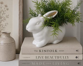 White Bunny Planter with Golden Ears | Farmhouse Spring Decor Pot