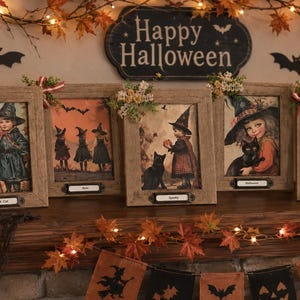 Set of 5 Halloween Witch Picture Frames, Vintage Style Halloween Decor, Black Cat Wall Art, Rustic Wood Frames, Cottage Halloween Display