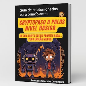 May include: A black book cover with the title "CRYPTOPASO A PALOS: NIVEL BASICO" in yellow and red. The cover features illustrations of a robot, a boy, and flames. The author's name, Francisco Gonzalez Dominguez, is at the bottom. The book is a guide to cryptocurrencies.