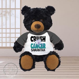 May include: Black plush teddy bear wearing a white and grey shirt with the text "Crush Cancer" and a fist with a pink ribbon. The name Samantha is printed below the text.